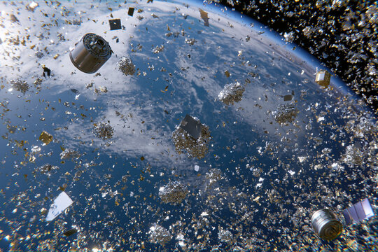 Space debris orbiting Earth with scattered fragments and satellites creating hazardous environment in low Earth orbit, highlighting space pollution and orbital clutter