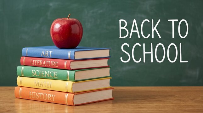 Back to school concept with red apple on stack of textbooks, academic books on wooden desk, green chalkboard background with text