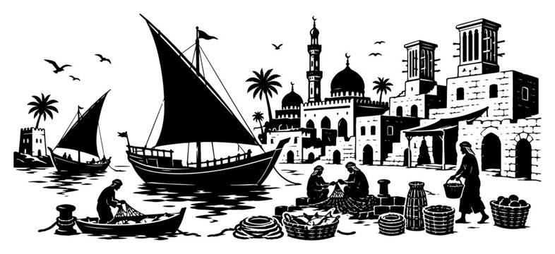 Dhow sailing boats in harbor with fishermen and coastal arabic city skyline in silhouette style
