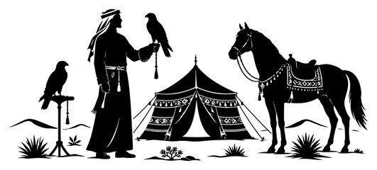 Arab man with falcon and horse near traditional tent in desert landscape silhouette © Tomas