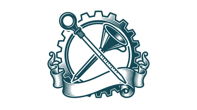 Vintage automotive logo illustration featuring a mechanical gear, crossed oil dipstick and funnel, with a blank ribbon banner in a monochromatic woodcut style on white background.