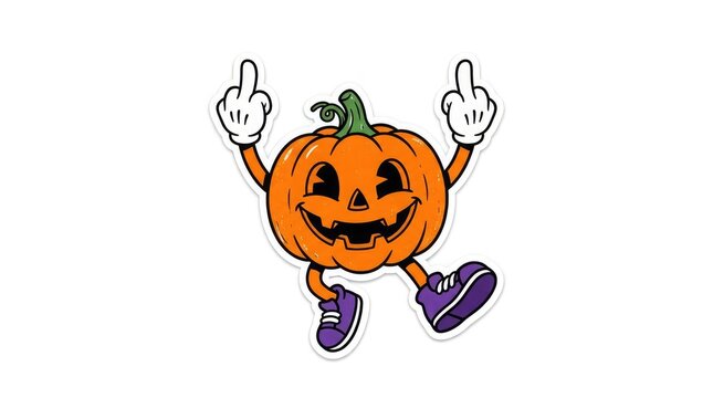 A funny cartoon pumpkin character with a jack o lantern face wearing sneakers and giving the middle finger hand gesture