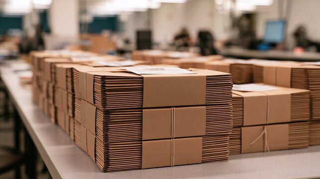 Neatly Stacked Flat Brown Cardboard Shipping Boxes on a Table in an Office or Warehouse Setting, Ready for Assembly, Packaging, and Distribution