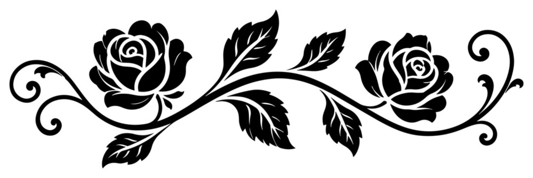 Blooming rose vine with elegant swirls and leaves in decorative floral style