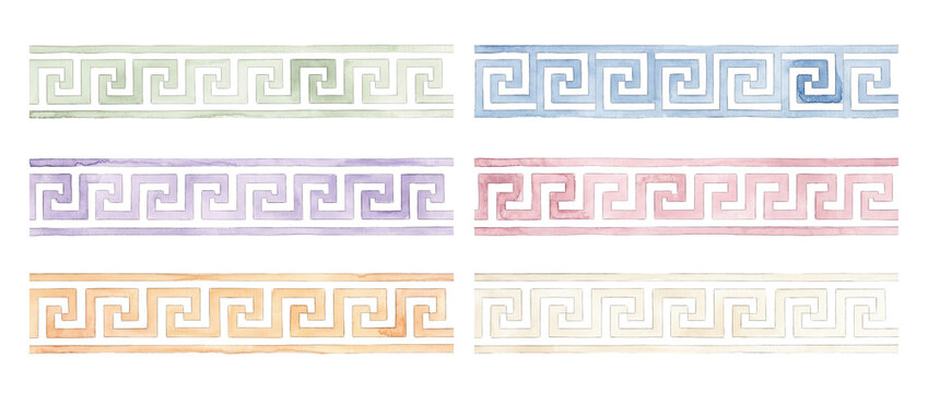 Greek key pattern border set in colorful watercolor style on black background. Classic meander geometric ornament frames, ancient Roman decorative trim elements for graphic design projects.