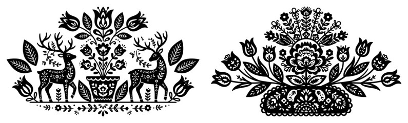 Fototapeta premium Symmetrical folk art compositions featuring deer and ornate flower baskets in paper cut style