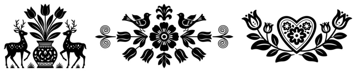Decorative folk art motifs featuring flowers deer and birds in scandinavian style © Tomas