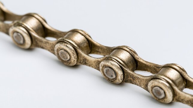 Close-up of a sturdy, used metal chain with visible wear and tear, presenting a durable and interconnected industrial component on a clean white background, showcasing intricate details