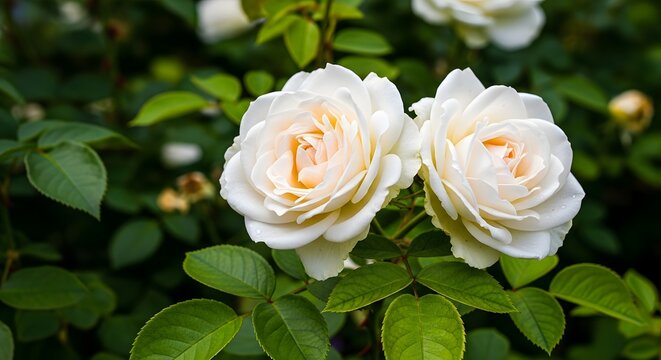 White roses in a garden. Blooming flowers with soft petals in natural light.