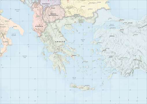 Highly Detailed Political and Physical Map of Greece with Shaded Relief and Neighboring Countries