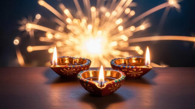 Happy Diwali Three lit clay diya lamps centered before brilliant golden sparkler fireworks display on dark background for Diwali celebration