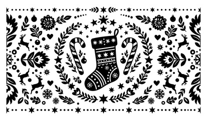 Christmas stocking inside wreath with reindeer and candy canes in folk art style © Tomas