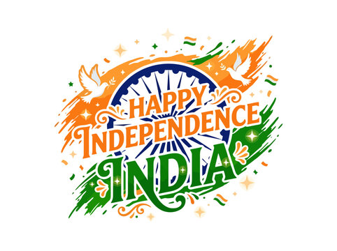 Happy Independence India calligraphy with Ashoka Chakra and doves, festive background
