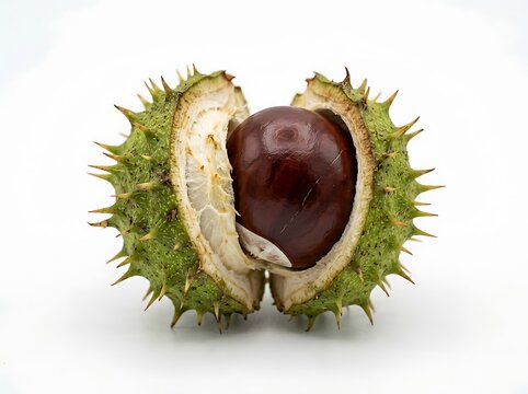 Fresh horse chestnut fruit in a spiky green shell