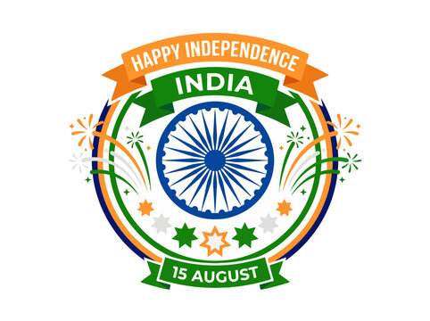 Happy Independence India 15 August Emblem - Ashok Chakra, Fireworks, Tricolor