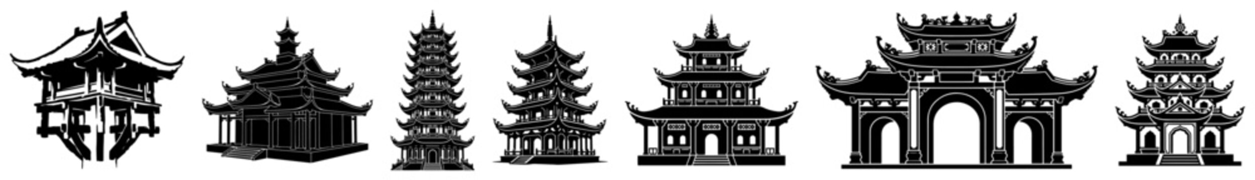 Traditional Asian architecture icons featuring pagodas temples and gates