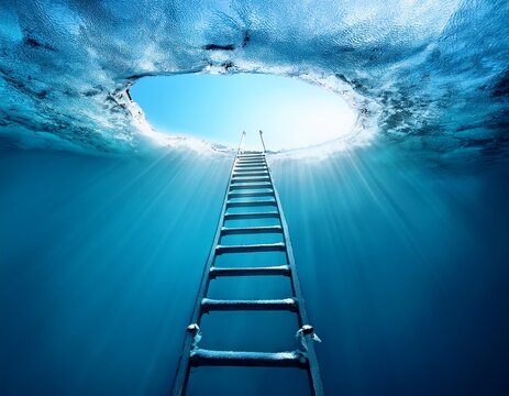 ladder leading upwards through ice hole into deep blue water with sunlight beams