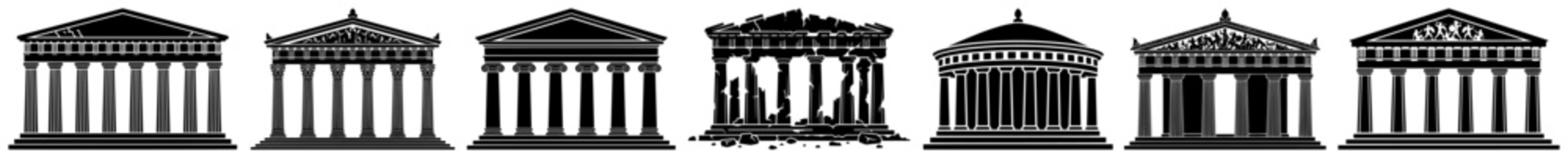 Fototapeta premium Ancient Greek and Roman temples with classical columns and pediments in architectural silhouette style
