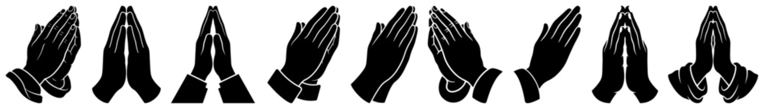 Praying hands in various poses and gestures in solid silhouette style