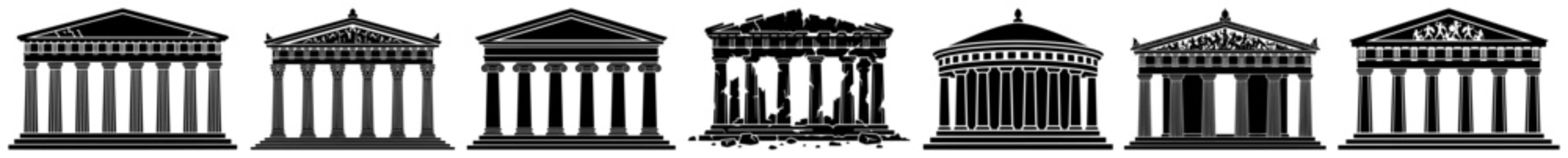 Ancient Greek and Roman temples with classical columns and pediments in architectural silhouette style