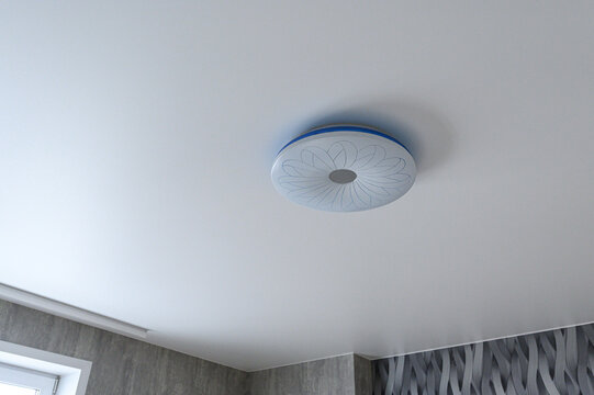 minimalist ceiling light fixture with a white diffuser featuring a delicate floral line pattern. subtle blue accent ring and a central circular detail, mounted on a smooth white ceiling.