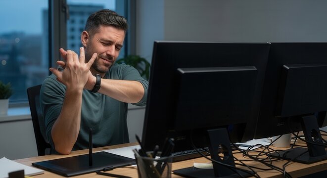 A focused professional man sitting at a modern office desk stretching his arm while working on dual computer monitors in a bright corporate workspace with city views.