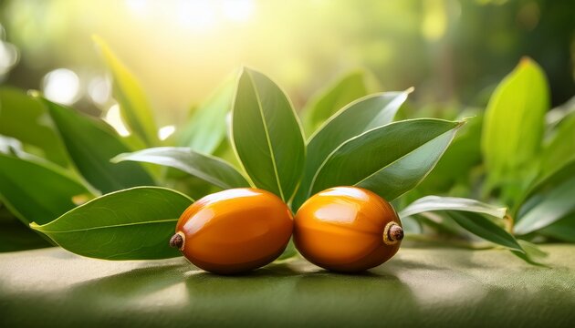 two juicy jojoba fruits nestled among lush greenery outdoors leafy