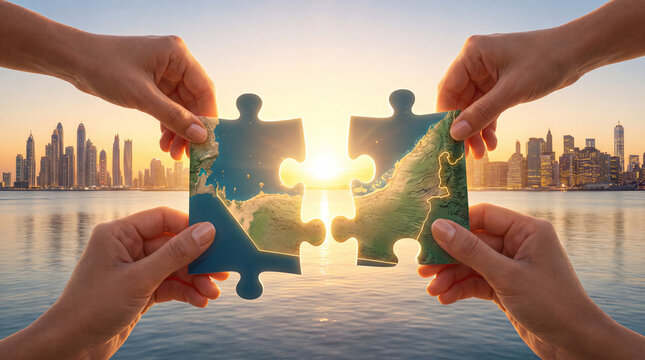 Hands holding two puzzle pieces with a map of Dubai and a city skyline during a beautiful golden sunset over the water background for business concept
