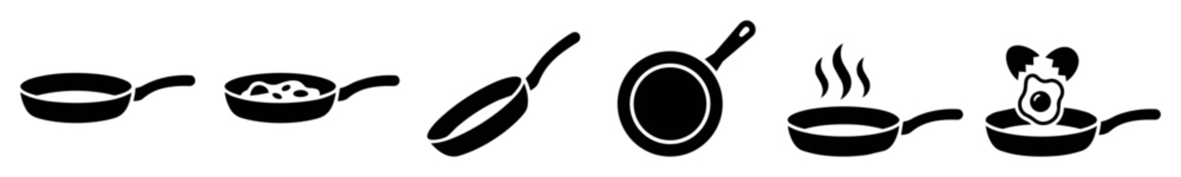 Cooking and frying pan icon set with kitchen cookware silhouette illustrations of frying pans, skillets, saut&eacute; pans, eggs and food in flat design