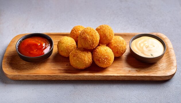 crispy fried cheese balls on a wooden serving board with dipping sauces