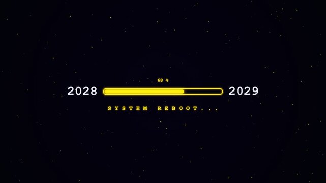 System reboot progress bar showing the transition from year 2028 to year 2029
