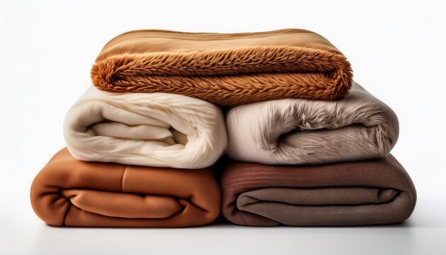 stacked soft blankets in warm earthy tones isolated on white