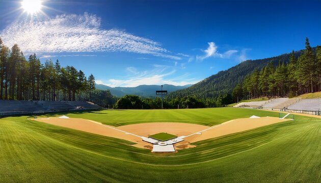 a lush green grassy hillside transforms into a sports stadium with dirt basepaths and a white scoreboard against a backdrop of towering trees and a sunny mountain sky clouds softball