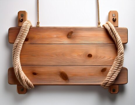 roped light timber signboard displayed against a white flat backdrop featuring copy space