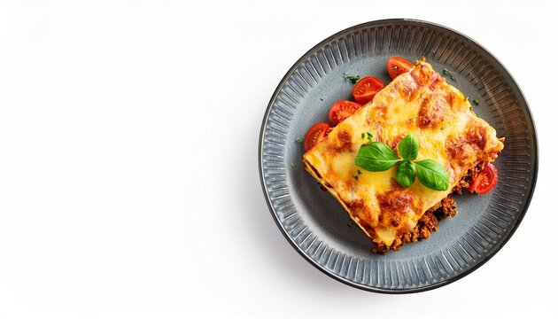 flat lay lasagna cheese meal meat with vegetable tomato copy space isolated
