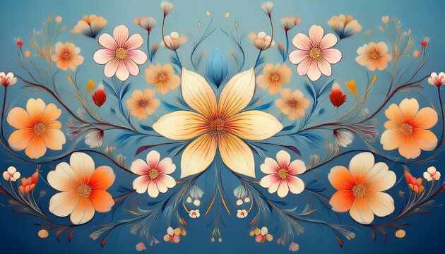 delicate hand painted floral design with symmetrical patterns of tiny flowers on a soft blue background symmetrical tiny flowers