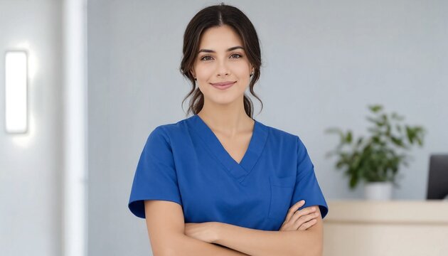 Friendly young female nurse wearing blue scrubs standing in a modern clinic office