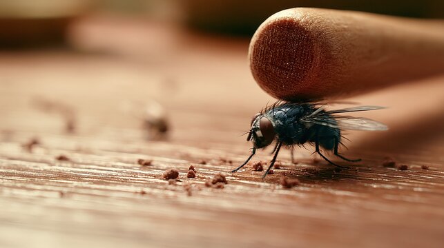 Macro close-up of a house fly (Musca domestica) trapped under a wooden handle on a textured wood surface with scattered crumbs, highlighting themes of struggle and helplessness