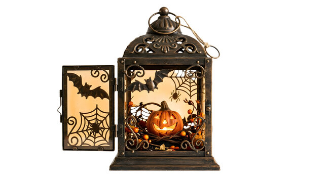Vintage style halloween lantern with a pumpkin, bats, and spider web design isolated on transparent background