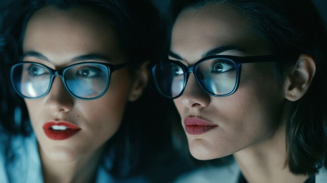 Two professionals assess a transparent data wall with focus in a digital workspace. The AI partner appears non-human but works together seamlessly.
