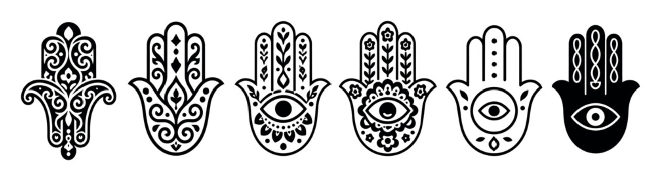 Decorative hamsa hand vector set with ornamental and eye motifs, traditional symbol illustrations for protection, spirituality, and cultural design elements collection