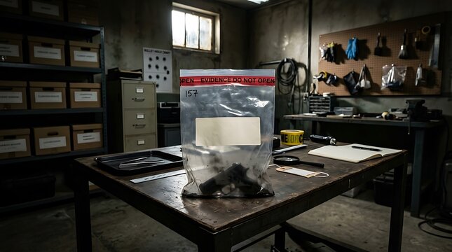 Crime scene evidence bag with handgun on a forensic laboratory table