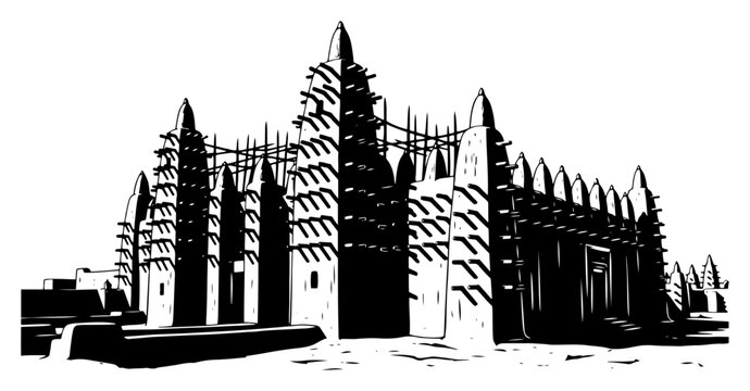 Great Mosque of Djenne vector illustration, mud brick architecture in Mali Africa, historic Sudano-Sahelian style landmark silhouette