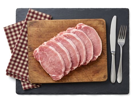 Sliced pork loin on a wooden board with fork and knife
