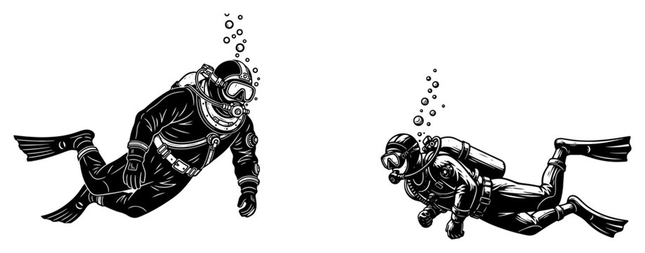 Scuba divers underwater vector illustration, deep sea diving professional equipment, man swimming under water silhouette set