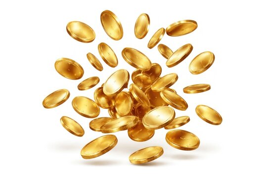A collection of shiny gold coins floating against a white background.