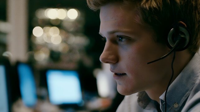 Professional call center agent with headset, focused customer service representative at night, male technical support operator in office