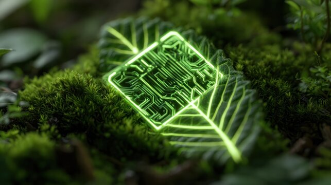 Glowing circuit board on a leaf in lush green forest