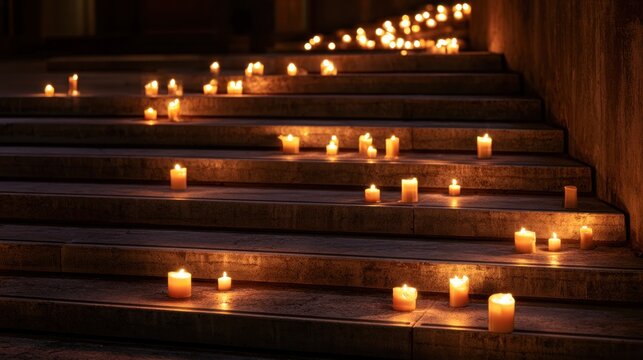 Numerous lit candles casting warm glow on stone steps at night