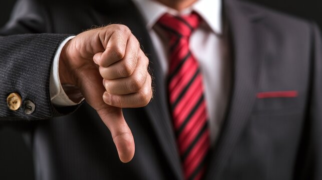 A close-up view of a well-dressed businessman in a dark suit and striped red tie, giving a clear thumbs down gesture, symbolizing disapproval or rejection
